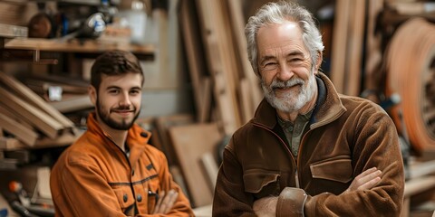 Obraz premium Experienced Senior Carpenter Mentors Apprentice in Workshop, Sharing Expertise and Knowledge. Concept Carpentry Skills, Mentorship Program, Workshop Training, Expertise Sharing, Hands-On Learning