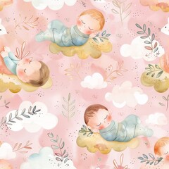 Textile design in watercolor showing newborns in a dreamy sleep, surrounded by nature-inspired cloud elements on pink, for eco-friendly fabric