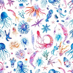 Vibrant and educational watercolor pattern featuring a variety of sea plankton species, designed seamlessly for fabric printing on an isolated background
