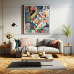 A living room with a template mockup poster empty white and with a couch and a painting on the wall image realistic photo photo.