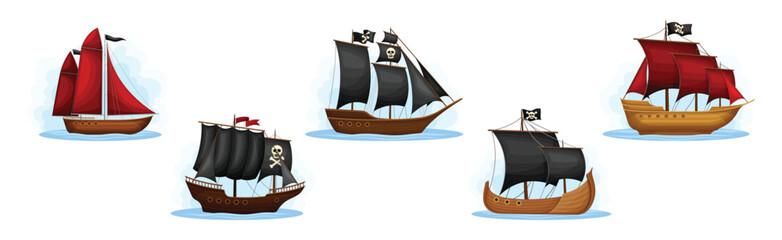 Pirate Ships with Black and Red Sails Vector Set