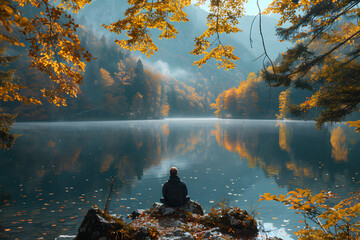 A person sitting by a lake, highlighting the therapeutic effects of nature on mental well-being. Self-reflection and healing. Mental health.