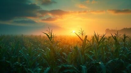 The photo shows a beautiful landscape of a corn field with the sun rising in the background