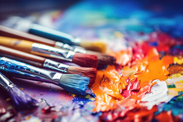 Paint brushes and palette with colorful oil paint on wooden table. Copy space