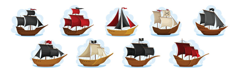 Pirate Ships with Black and Red Sails Vector Set
