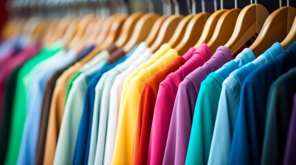 Fototapeta premium T-shirts of different colors hanging on a hanger in a store close-up
