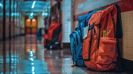 Colorful Backpacks in School Hallway