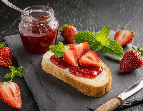 Geschmiertes Brot mit Erdbeermarmelade, frischen Erdbeeren und Minze