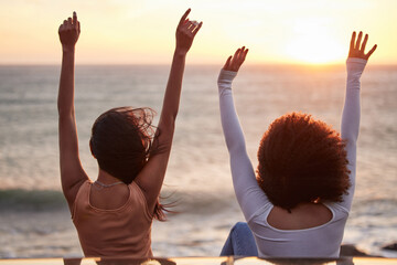 Freedom, beach sunset and couple of friends on road trip by car with back and arms in air....