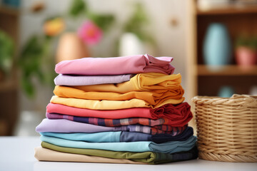 Stack of clothes on table in room, closeup. Dry-cleaning service, Shallow depth of feld
