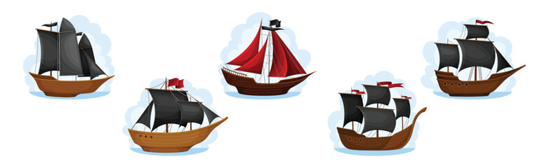 Pirate Ships with Black and Red Sails Vector Set
