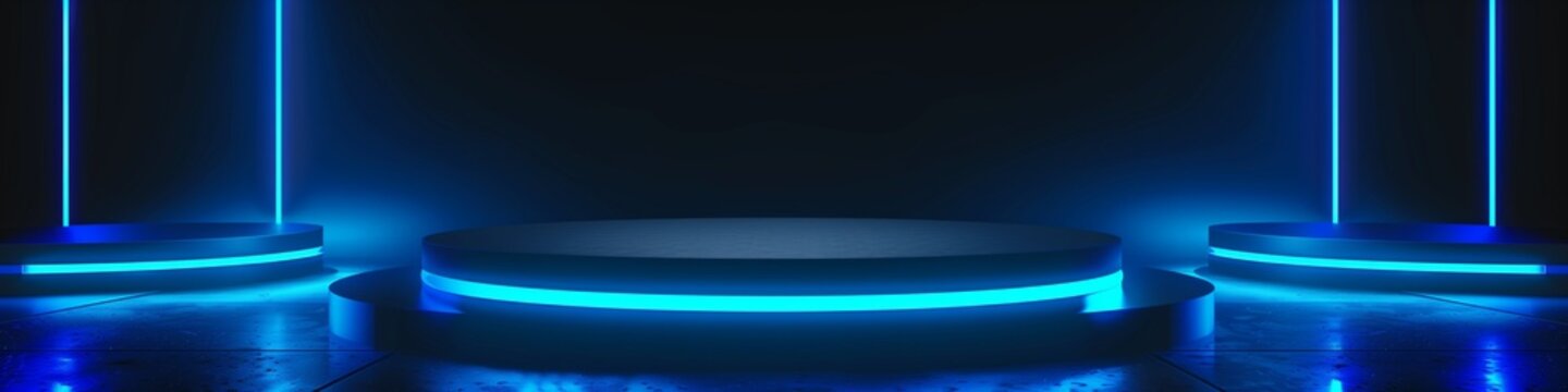 Vibrant blue color Product Podium, neon lighting minimalist platform background, Generated by AI
