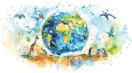 Watercolor illustration of the earth, each continent richly decorated with animals such as kangaroos in Australia and penguins in Antarctica