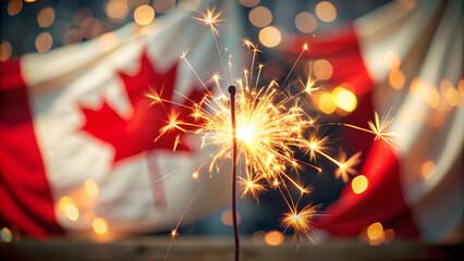 Vintage Canada Day Celebration: Sparklers and Defocused Flag. Perfect for: Canada Day Events, Patriotic Parties, Vintage Celebrations, Social Media Posts, Event Invitations, Patriotic Promotions.