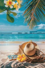 There are different accessories on the beach. Selective focus.