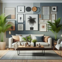 A living room with a template mockup poster empty white and with a couch and plants image art art card design