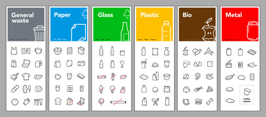 Ready sets of icons for separating trash. Vector elements are made with high contrast, well suited to different scales and on different media. Ready for use in your design. EPS10.