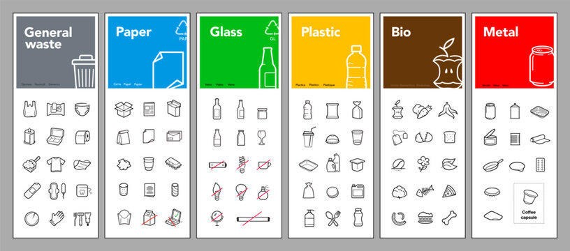 Ready sets of icons for separating trash. Vector elements are made with high contrast, well suited to different scales and on different media. Ready for use in your design. EPS10.