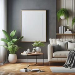 A living room with a template mockup poster empty white and with a couch and plants image art harmony lively.
