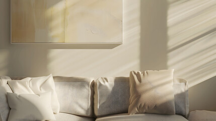 Aesthetic sunlight shadow reflections on neutral wall with abstract painting Bright sunny elegant home living room interior design with comfortable lounge sofa pillows straw rug : Generative AI