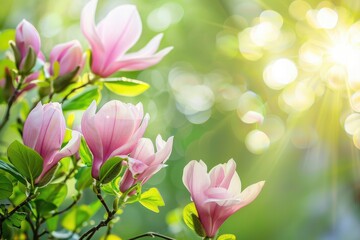 Pink Magnolias Against Lush Greenery