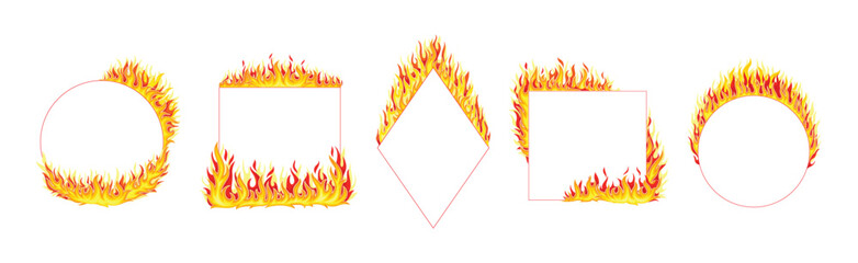 Fire Frame with Hot Burning Tongue of Flame and Shaped Border Vector Set