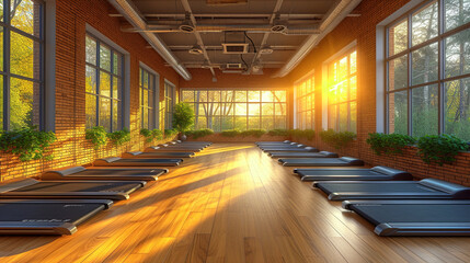 Interior Photo of a Modern Fitness Center Gym Club with Treadmills in a Workout Room on a Sunny...