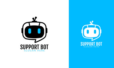 Support bot logo design. Robot head symbol with chat or conversation concept.