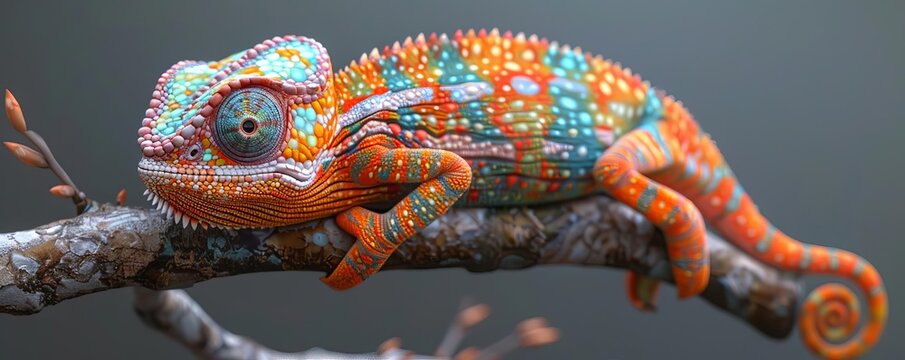 Design a dynamic image showcasing a 3D model of a camouflaged chameleon clinging to a slanted branch