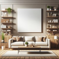 A living room with a template mockup poster empty white and with a couch and shelves art realistic.