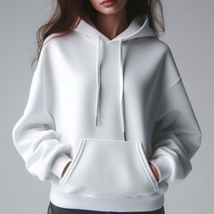 A model mockup woman in a white hoodie .