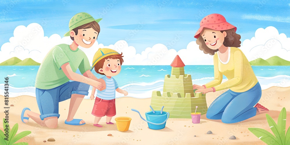 Wall mural Introduction letter, family day, summer background, wallpaper, happy family, there will be a castle in the sand on the beach, vector, illustration - Wall murals