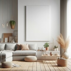 A living room with a template mockup poster empty white and with a large white poster art realistic attractive has illustrative meaning.