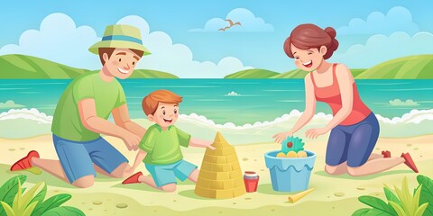 Introduction letter, family day, summer background, wallpaper, happy family, there will be a castle in the sand on the beach, vector, illustration
