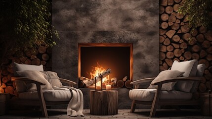 Comfortable armchairs and fireplace in the evening