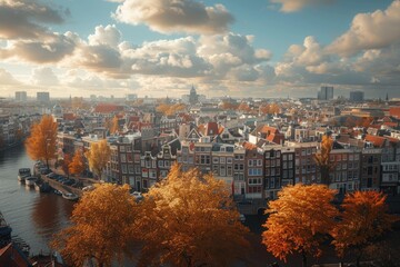 Panoramic Autumn View of Amsterdam City's Vibrant Palette