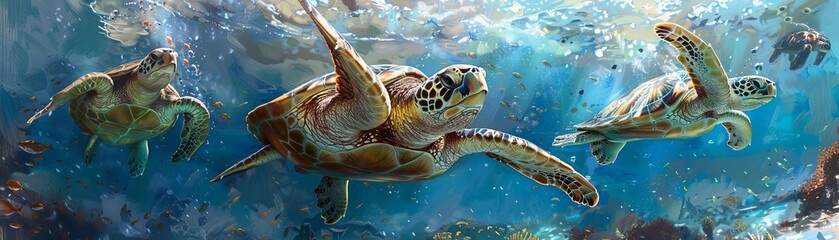 Fototapeta premium Paint a serene underwater scene of a group of sea turtles gliding through clear blue ocean waters in a traditional oil painting style
