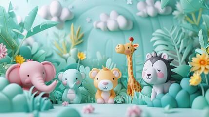 Naklejka premium Produce a captivating artwork showcasing the charm of animal babies in a 3D rendered flat design Focus on intricate details and textures