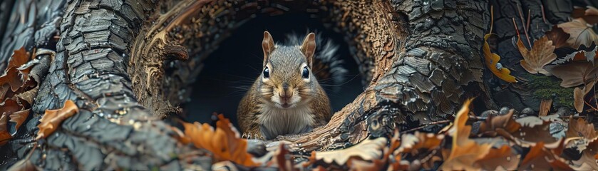 Transform a cozy burrow scene into a digital masterpiece capturing a squirrels mischievous antics in photorealistic detail Invite viewers to smile at the adorable chaos