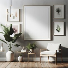 A Room with a template mockup poster empty white and with a chair and a plant art photo card design.