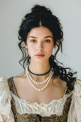 attractive woman with black hair against a white background, wearing a medieval renaissance costume with a pearl necklace in the style of a renaissance portrait, period drama