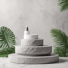 Podium for cosmetic product presentation. Abstract minimal geometrical Cylinder. Stone sphere one form, Eucalyptus leaves. Scene to show. Showcase display case. Trendy sunlight. Flat lay, Top View.