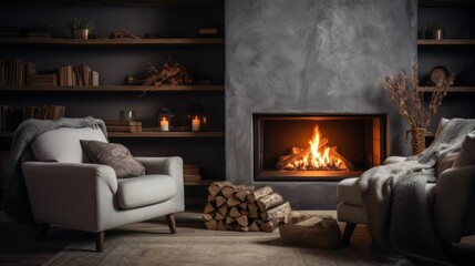 Establishing a fireside lounge area with comfortable seating around a fireplace. In the spirit of hygge. Copy space.
