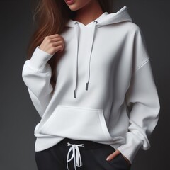 A model mockup woman in a white hoodie art white shirt mockup.