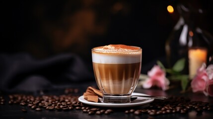 Cappuccino coffee in a glass cup on a dark background.