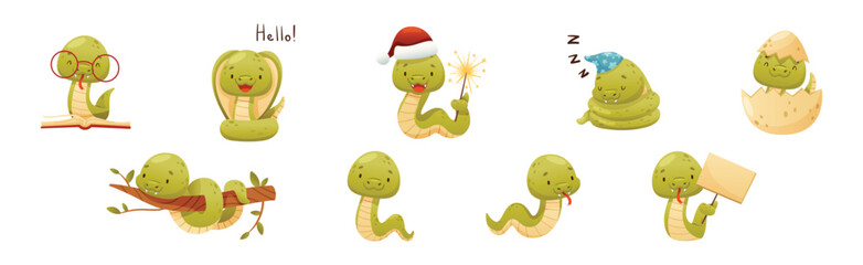 Cute Green Snake Funny Wild Baby Reptile Vector Set
