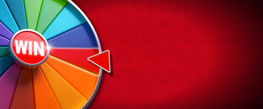 Extreme close-up of a multi colored wheel of fortune against a red velvet background with copy space, in the center of the wheel the writing Win. Generative Ai.
