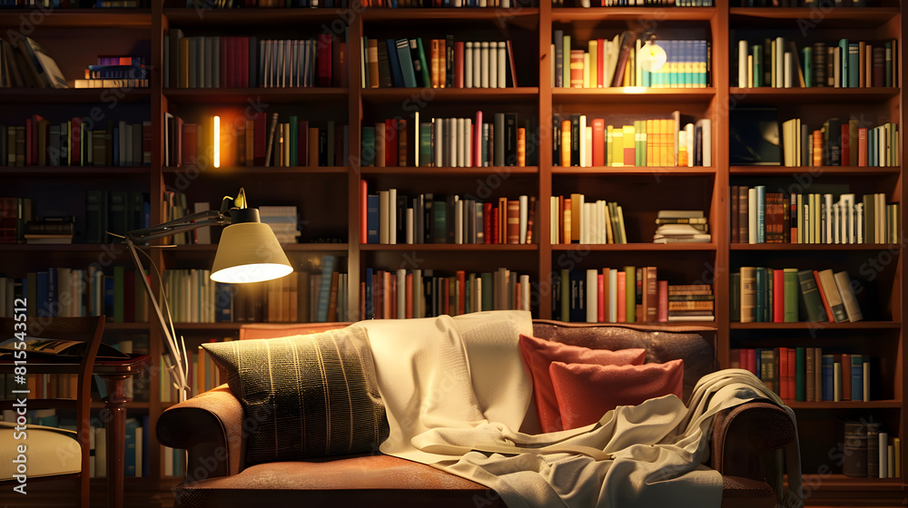 Poster cozy home library interior with collection of different books on shelves and comfortable place for r