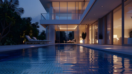 Fototapeta premium Modern house with a swimming pool modern pool villa at the beach luxury villa : Generative AI