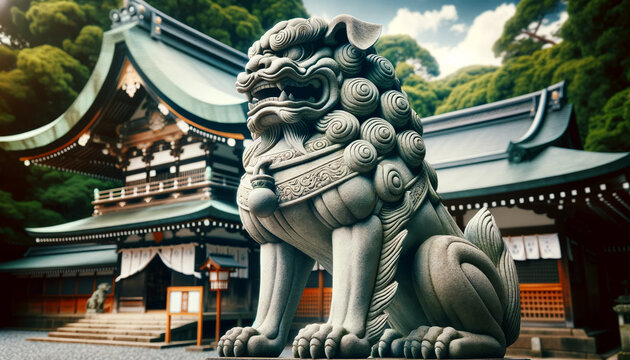 Stoic Guardian Komainu at Japanese Shrine Entrance

